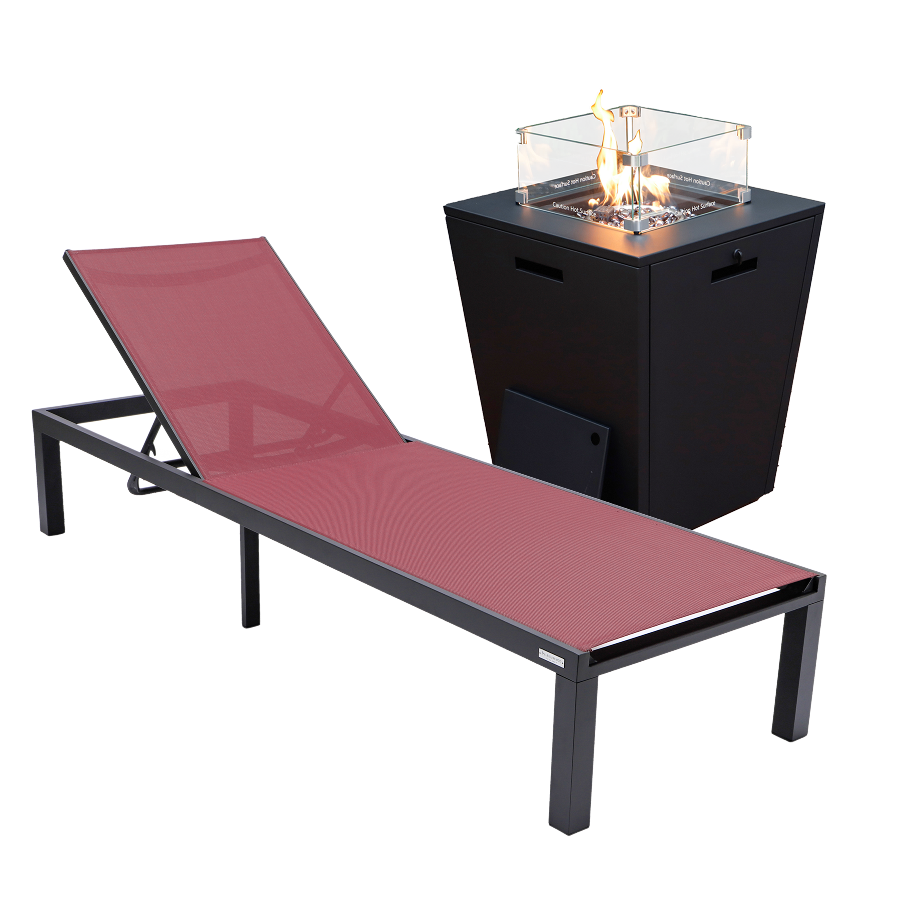 LeisureMod Marlin Burgundy Black Outdoor Patio Chaise Lounge Chair with Squ...