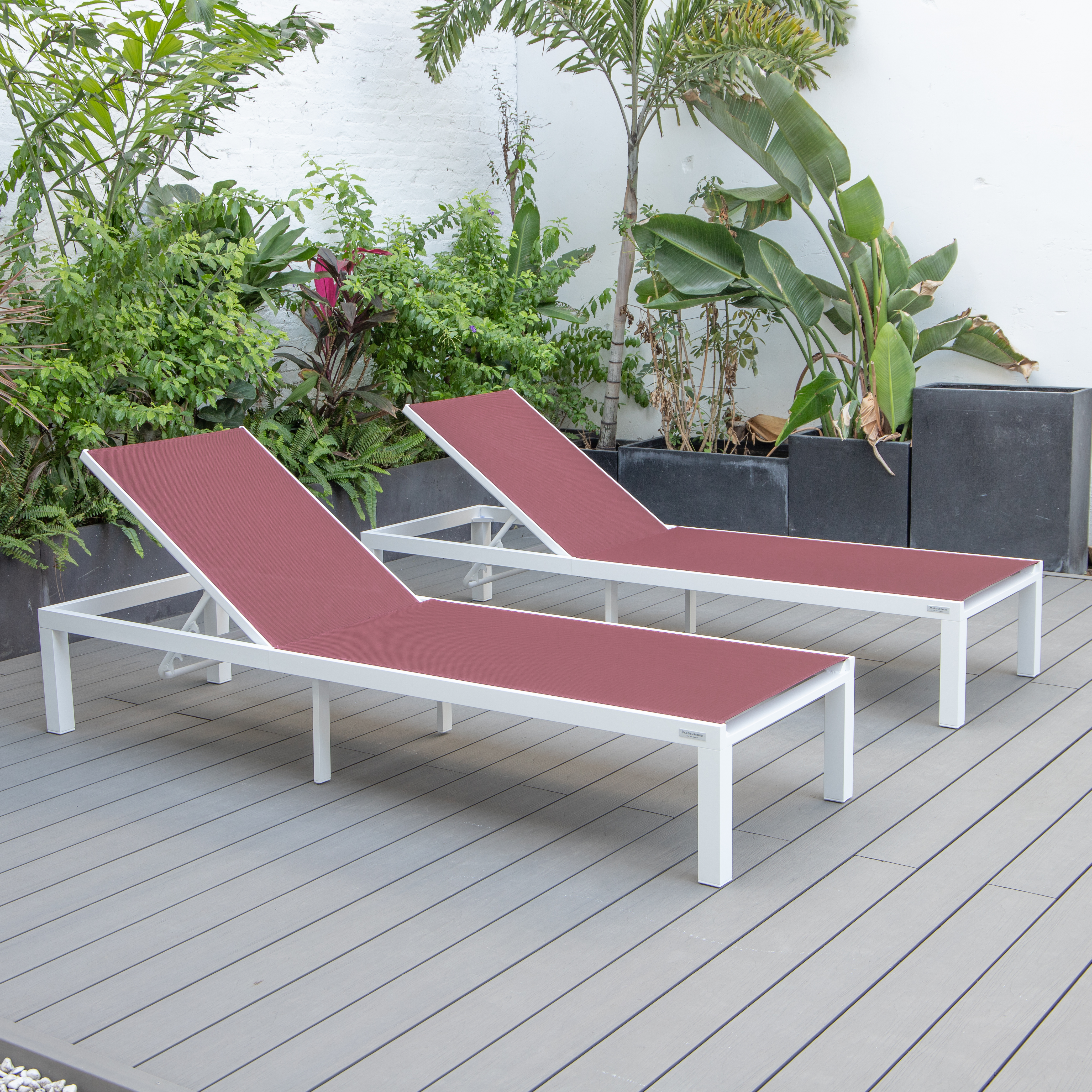 2 LeisureMod Marlin Burgundy White Patio Chaise Lounge Chairs