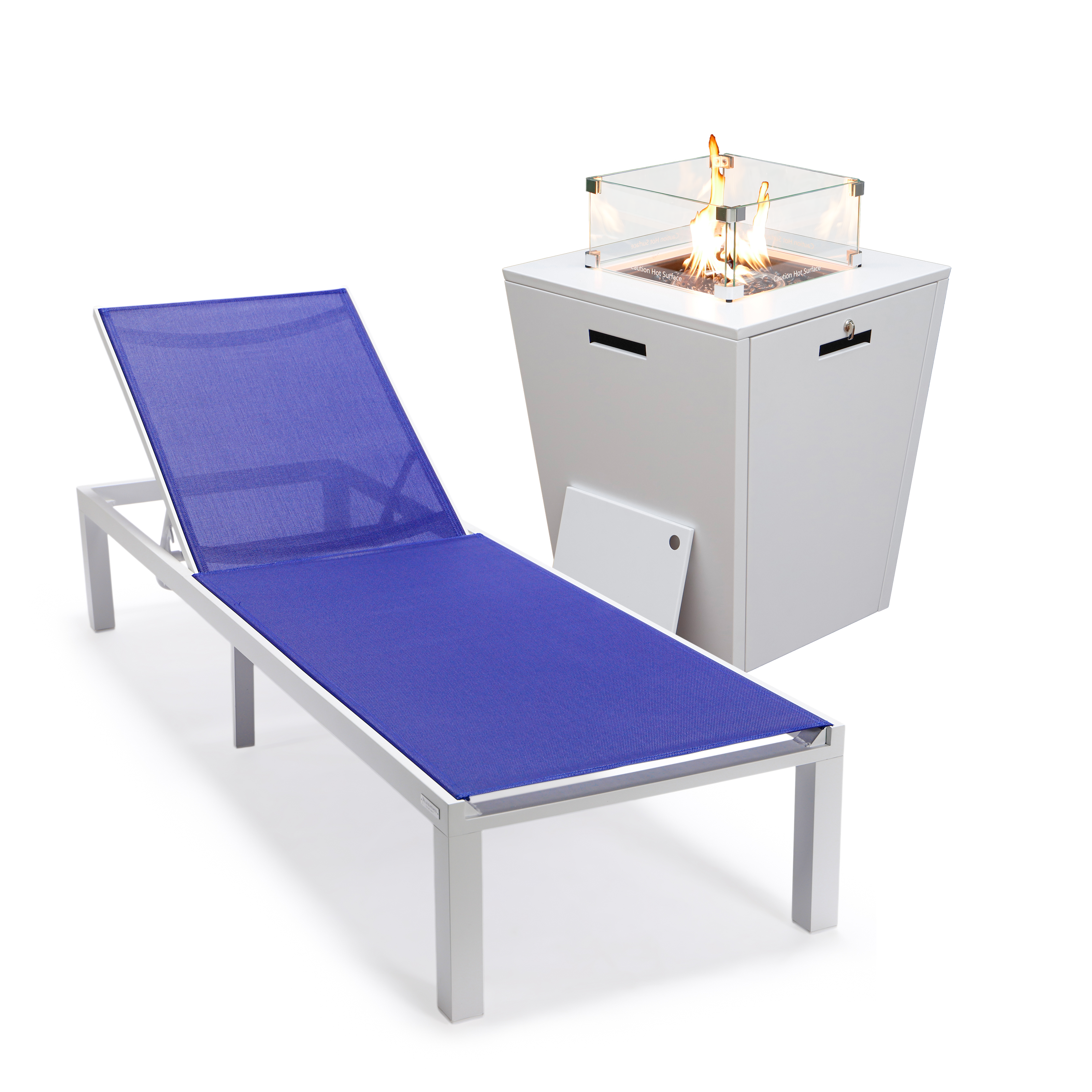 LeisureMod Marlin Navy Blue White Outdoor Patio Chaise Lounge Chair with Sq...