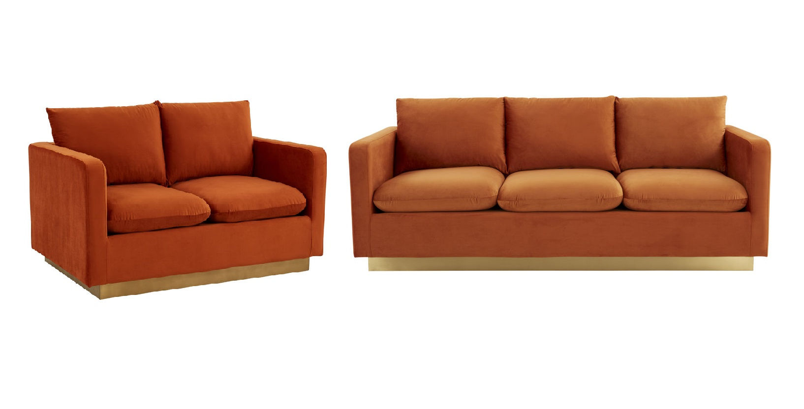 LeisureMod Nervo Orange Marmalade Velvet 2pc Living Room Set with Gold Fram...