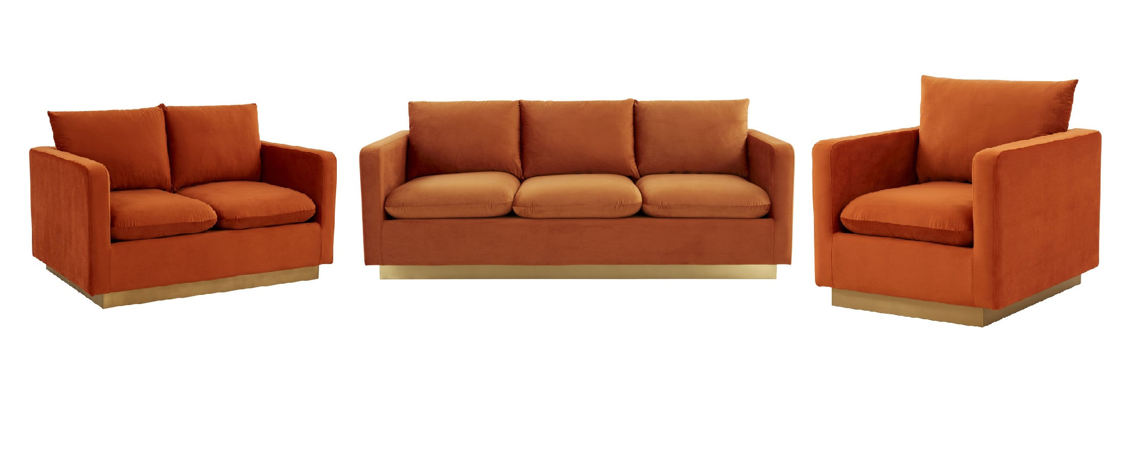 LeisureMod Nervo Orange Marmalade Velvet 3pc Living Room Set with Gold Fram...