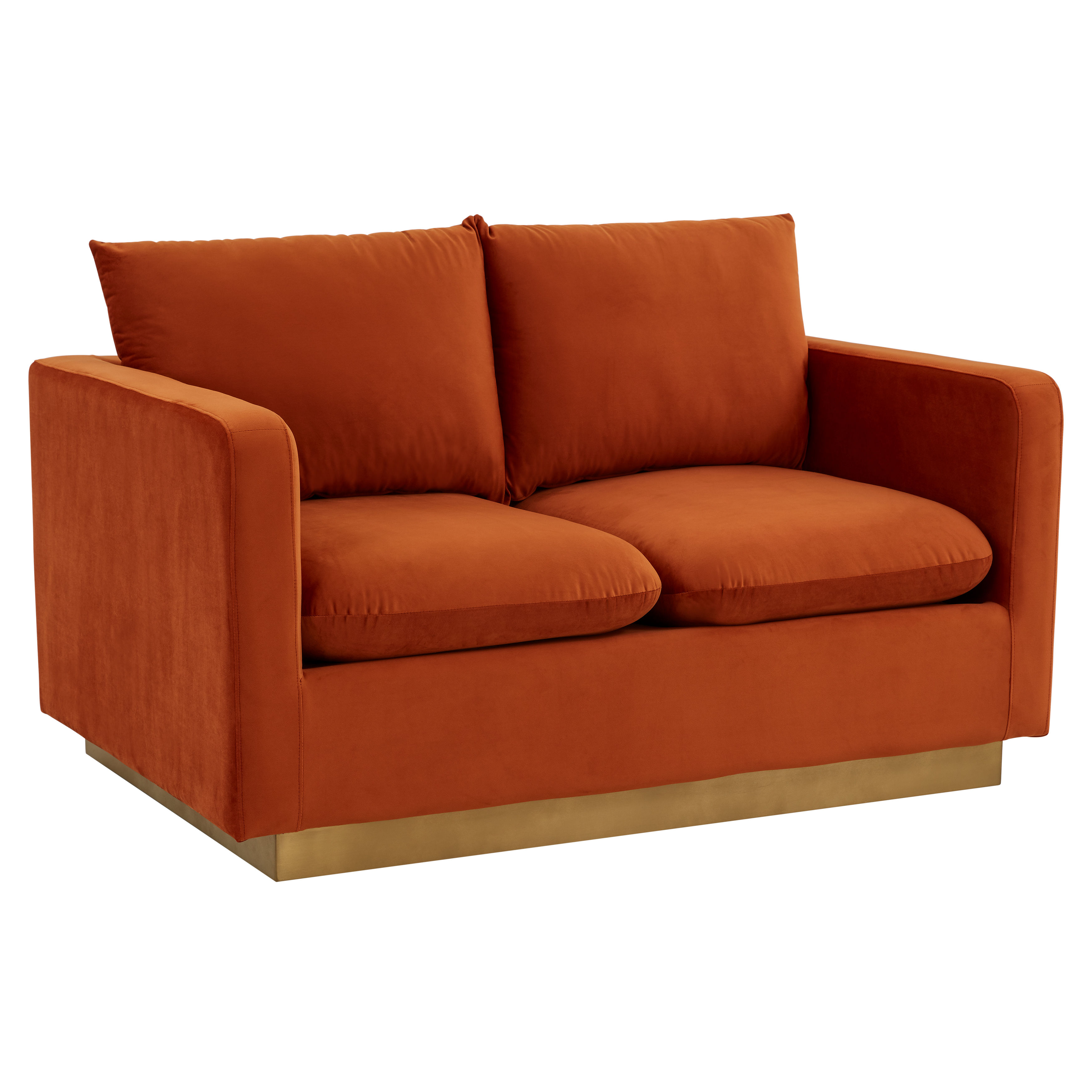 LeisureMod Nervo Orange Marmalade Velvet Loveseat with Gold Frame