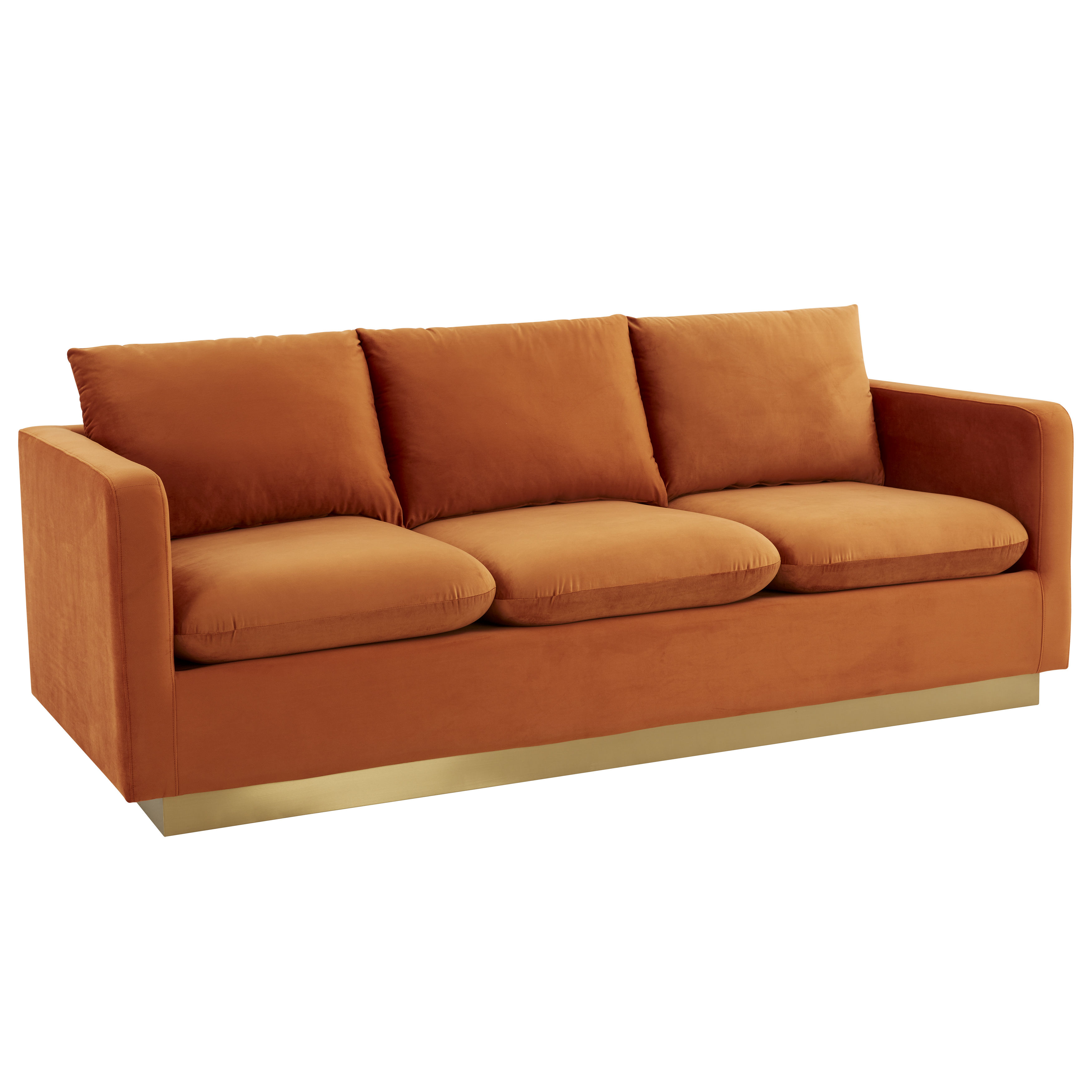 LeisureMod Nervo Orange Marmalade Velvet Sofa with Gold Frame
