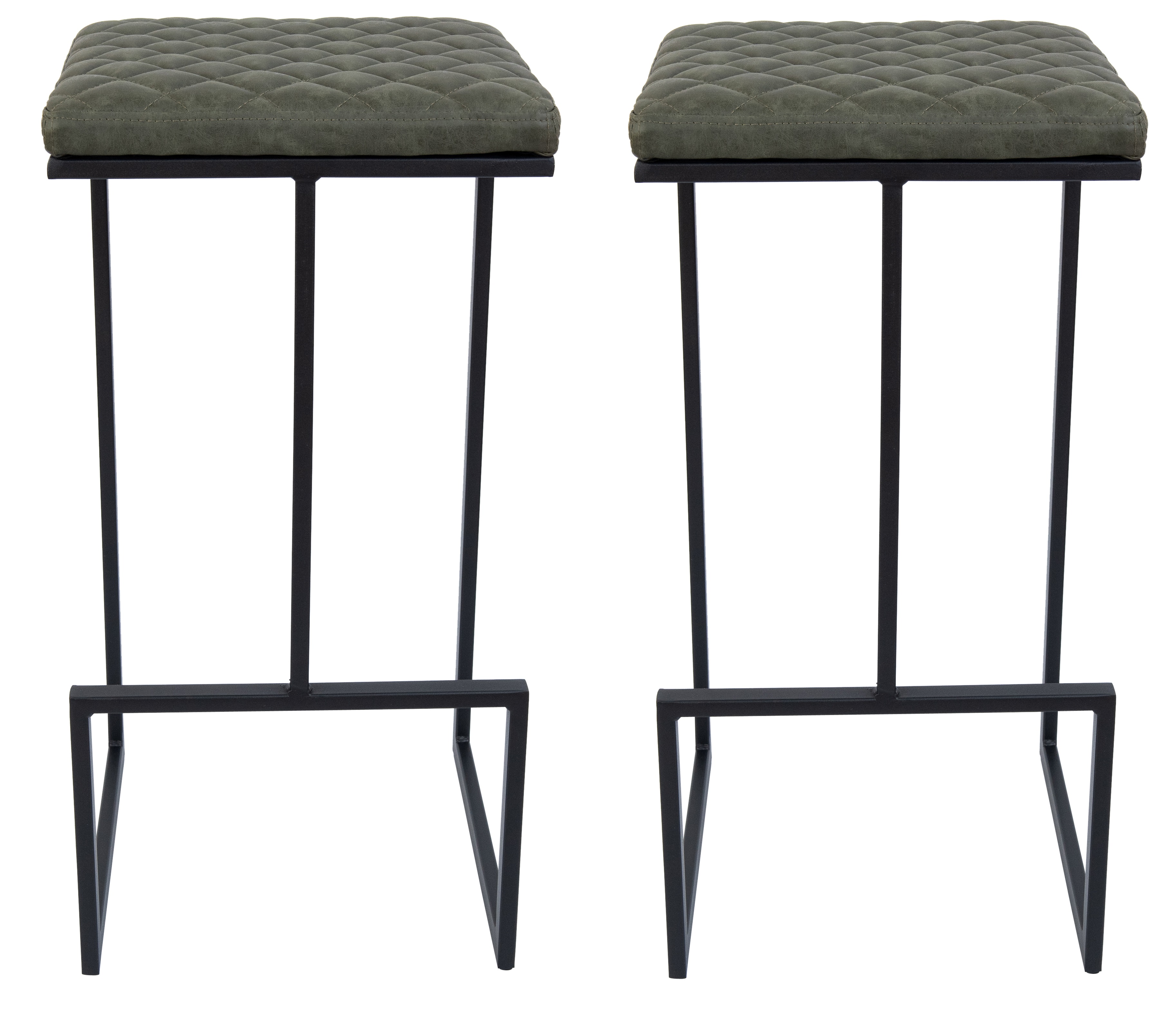 2 LeisureMod Quincy Olive Green Leather Bar Stools with Metal Frame