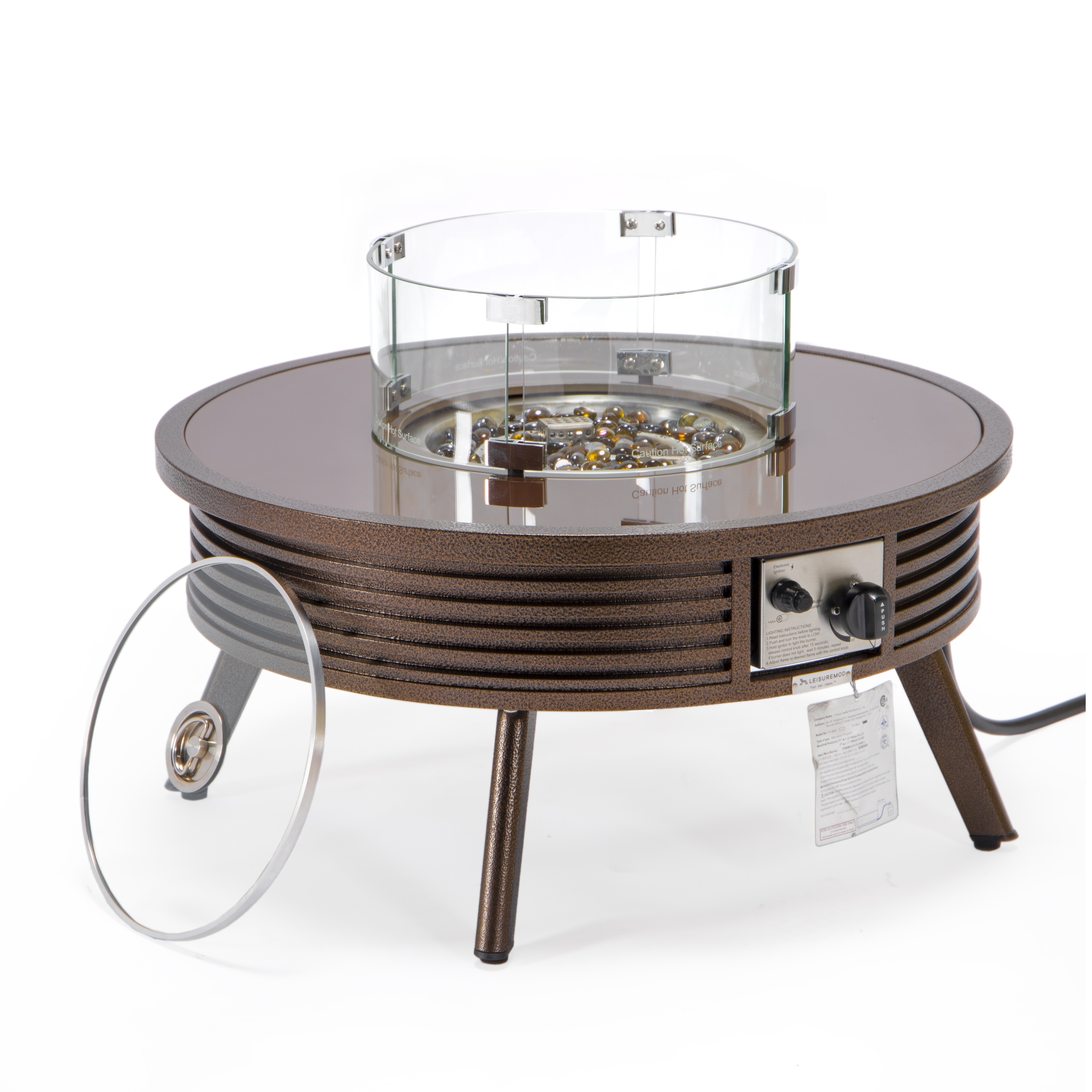 LeisureMod Walbrooke Brown Outdoor Patio Round Slats Design Fire Pit Side T...