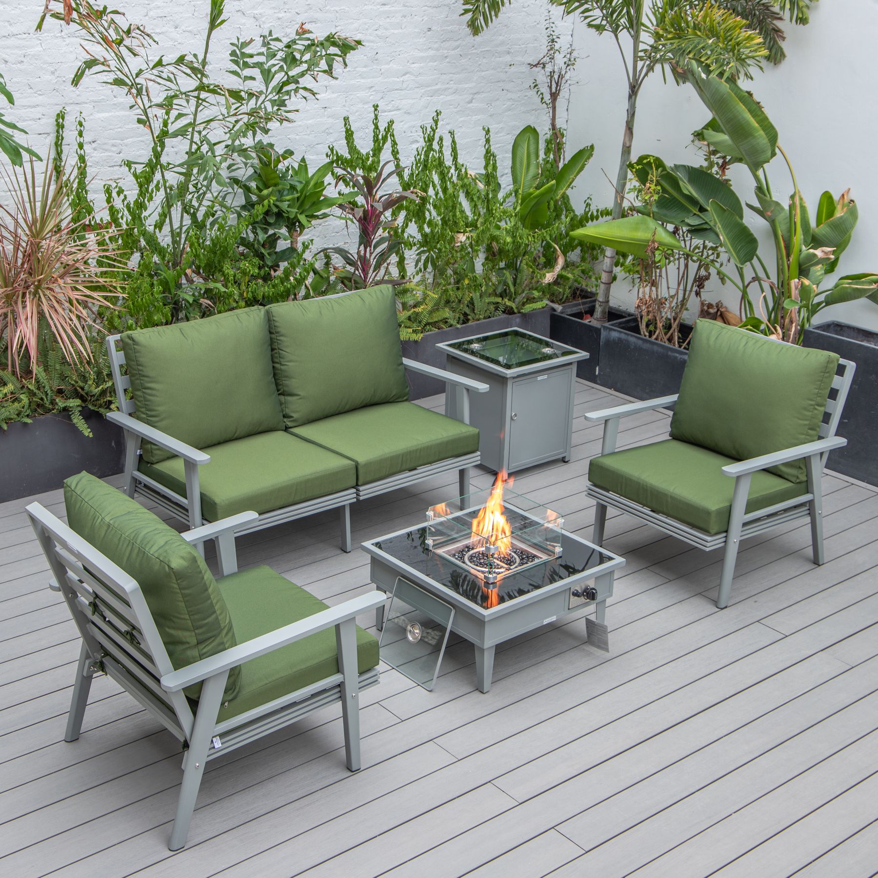 LeisureMod Walbrooke Green Grey Patio Conversation 4pc Seating Set Square F...