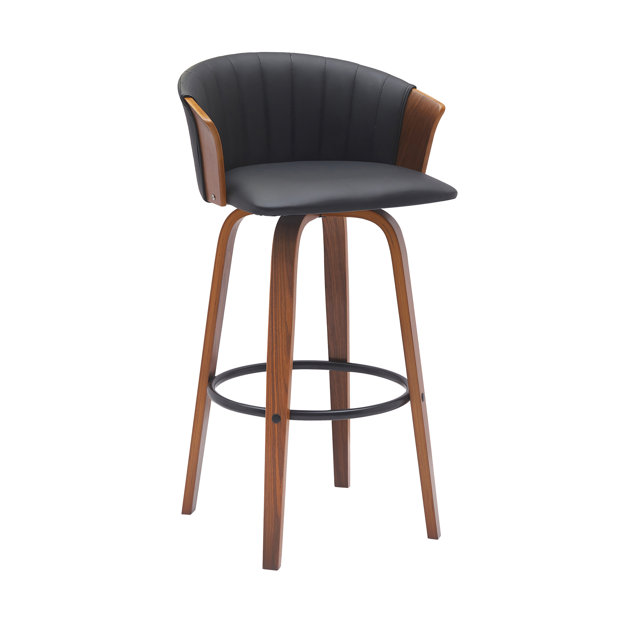 Luxur Living Bori Walnut Black Faux Leather 30 Inch Swivel Bar Stool