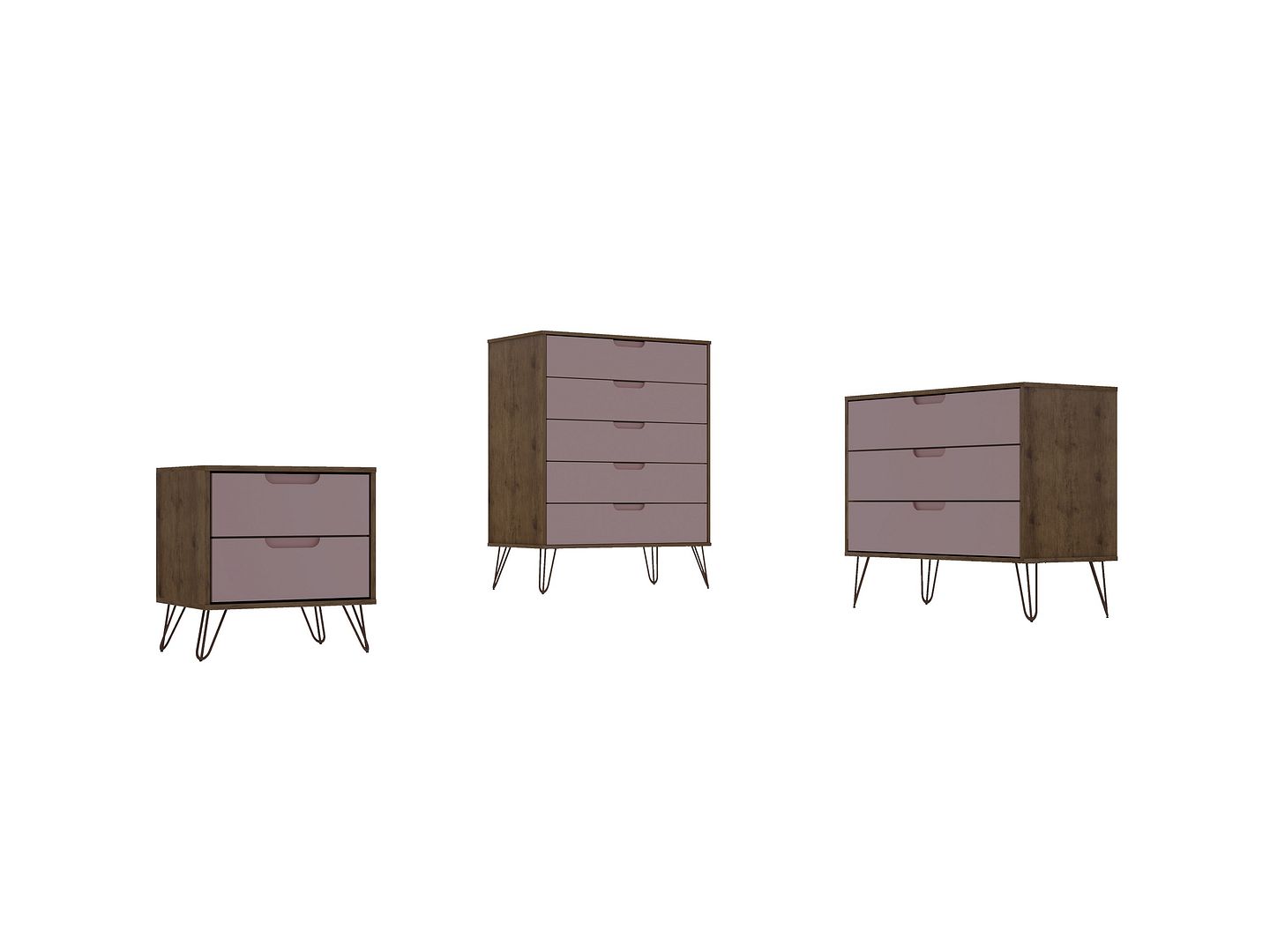 Manhattan Comfort Rockefeller Nature Rose Pink 3pc Dresser and Nightstand S...