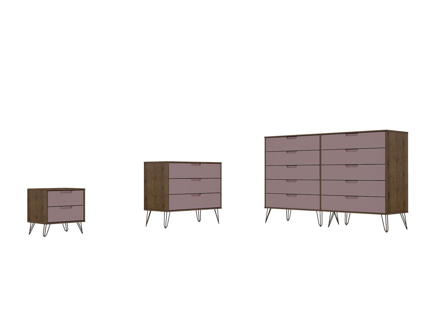 Manhattan Comfort Rockefeller Nature Rose Pink MDF 3pc Dresser and Nightsta...