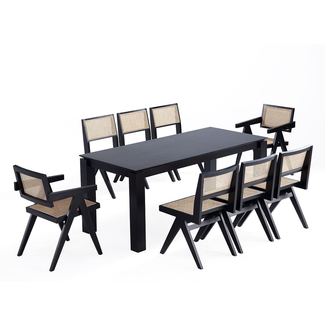 Manhattan Comfort Rockaway and Hamlet Black Natural Cane 9pc Dining Set