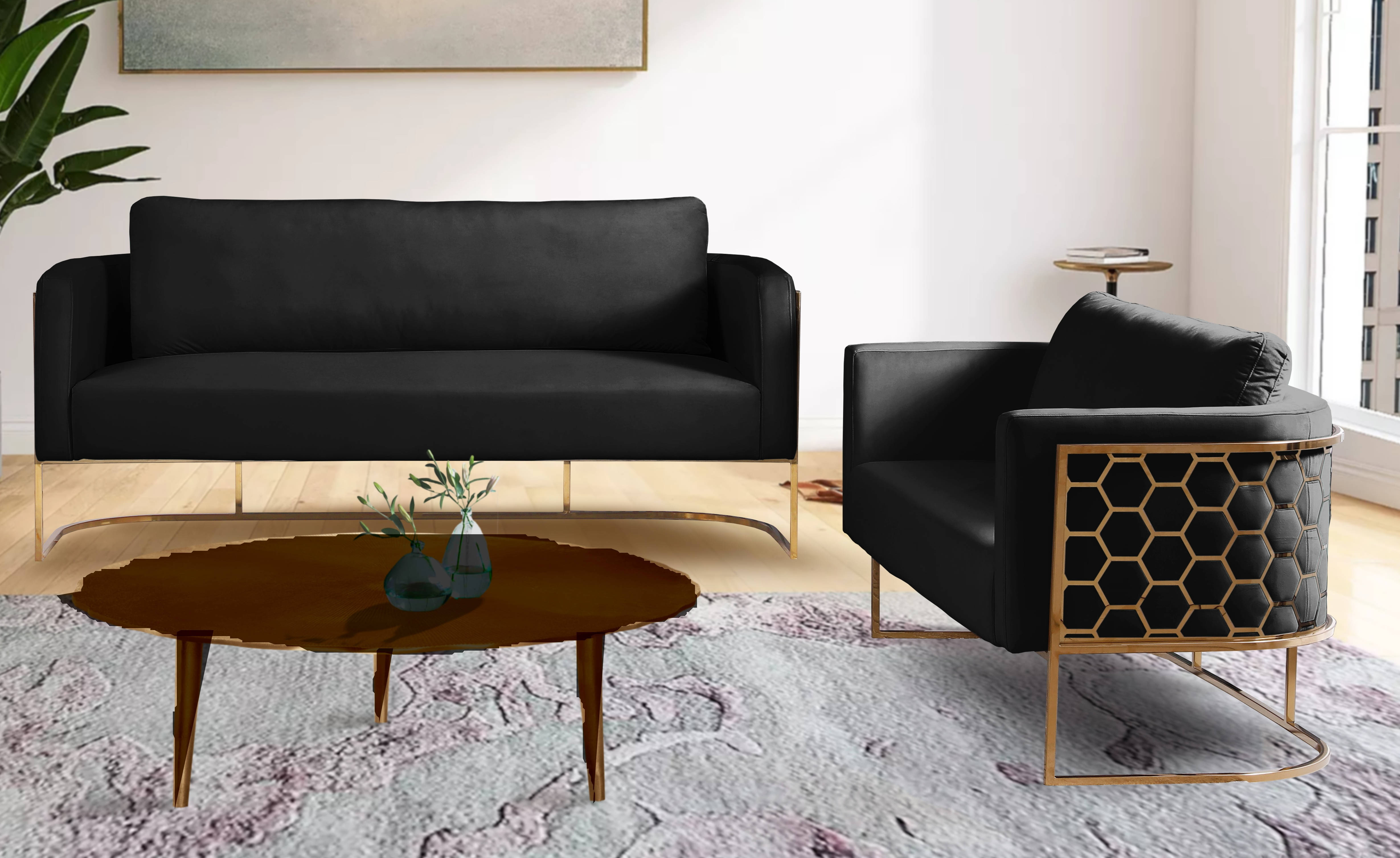 Meridian Furniture Casa Black Velvet Gold 2pc Living Room Set