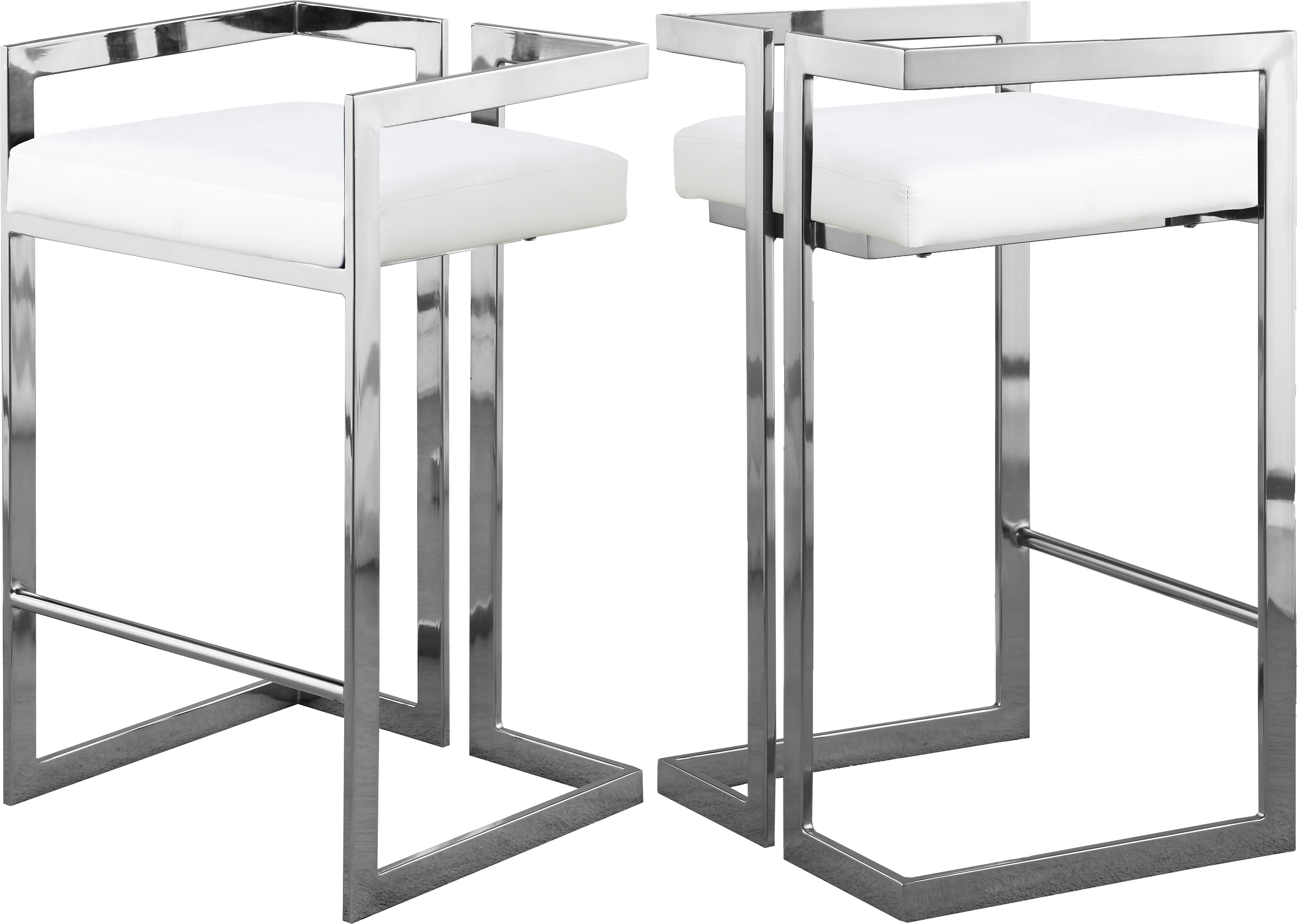 2 Meridian Furniture Ezra White Vegan Leather Chrome Counter Height Stools