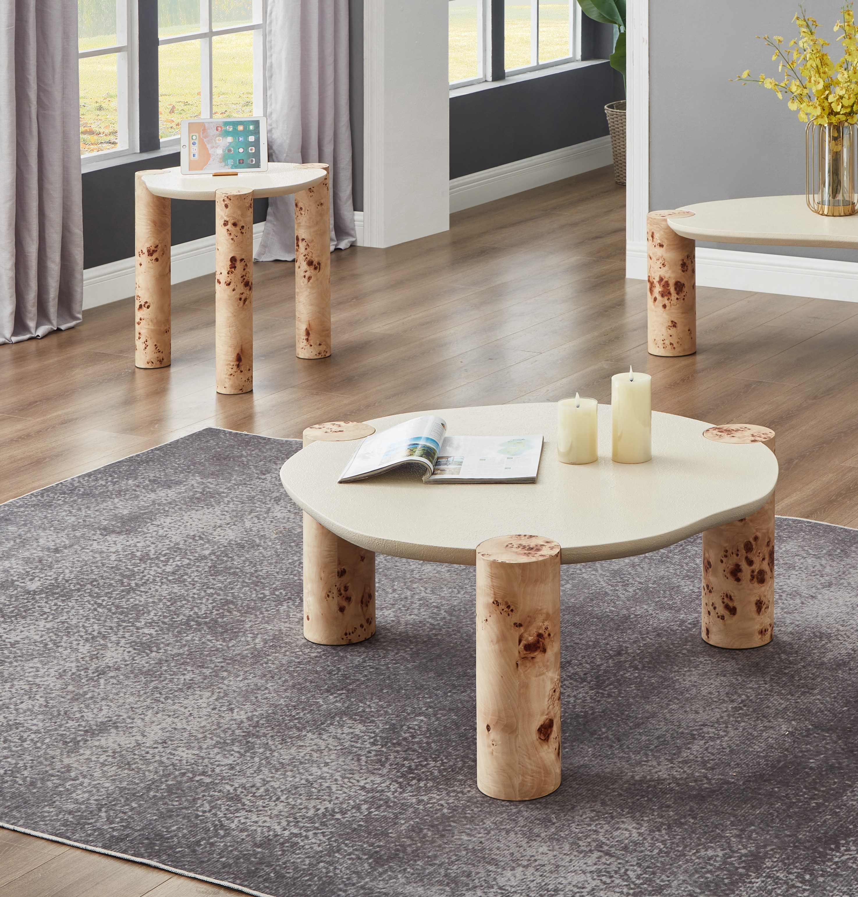 Meridian Furniture Thor Natural Burl Wood Round 3pc Coffee Table Set