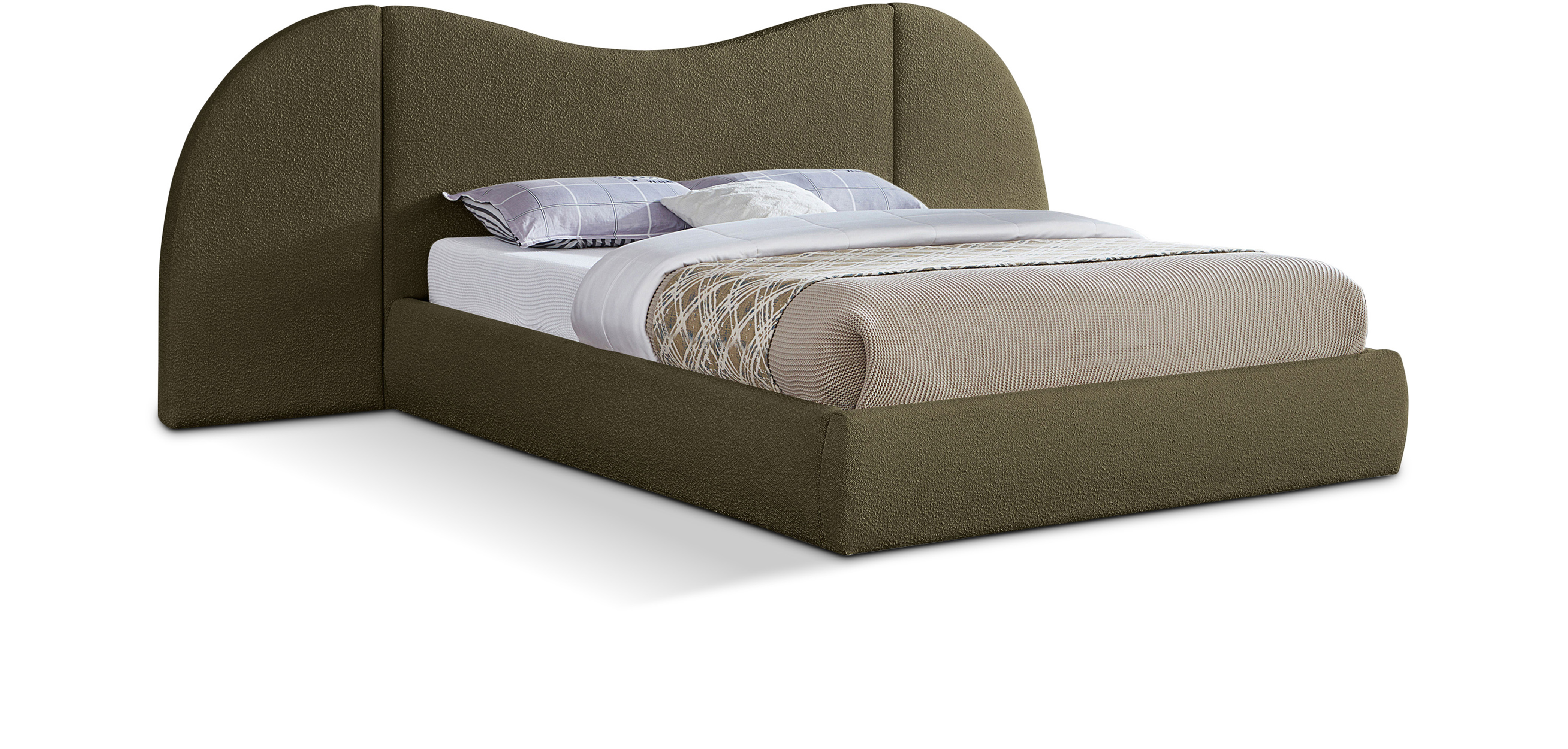 Meridian Furniture Everest Olive Green Boucle Fabric Queen Platform Bed