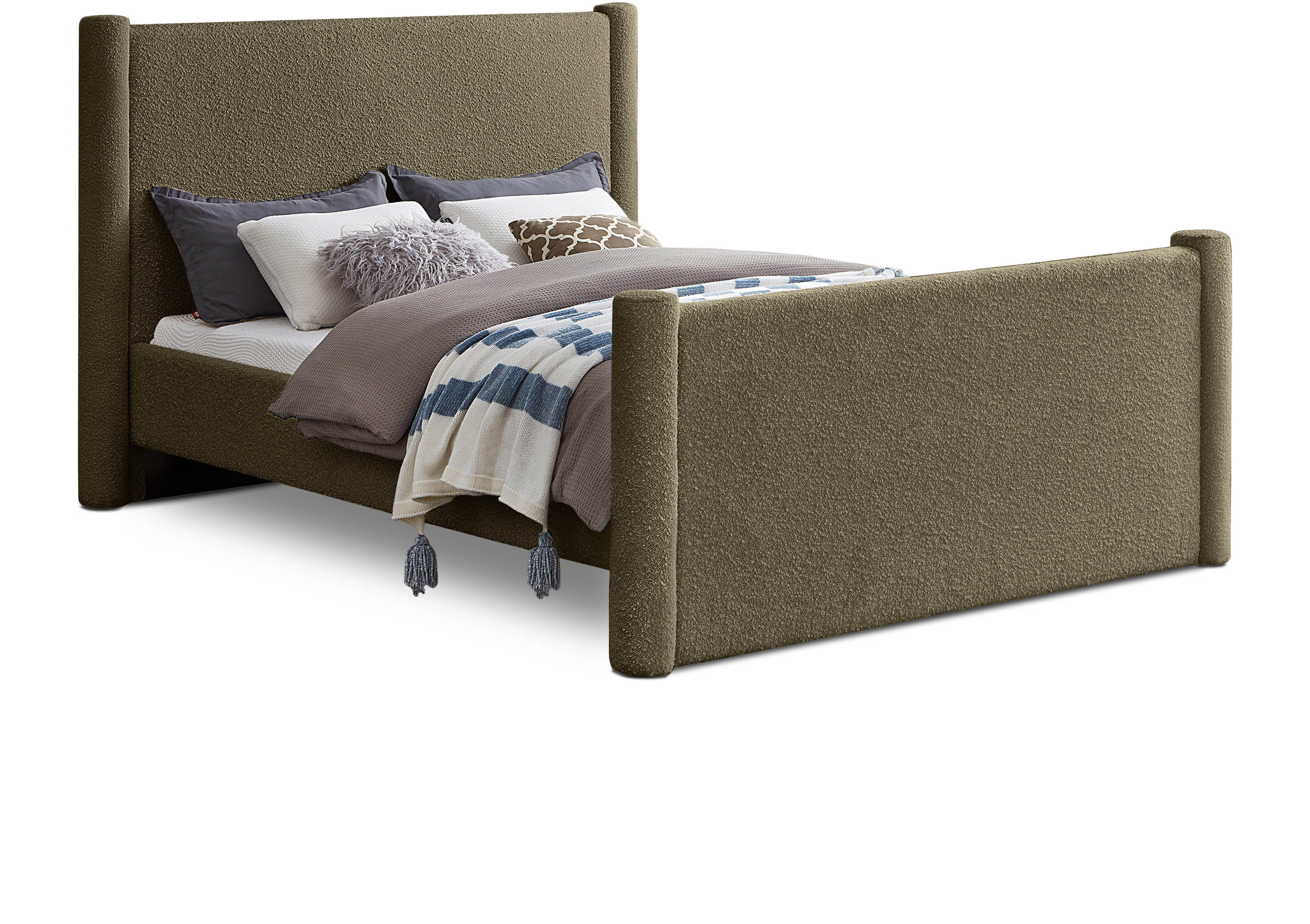 Meridian Furniture Elias Olive Green Boucle Fabric Full Poster Bed