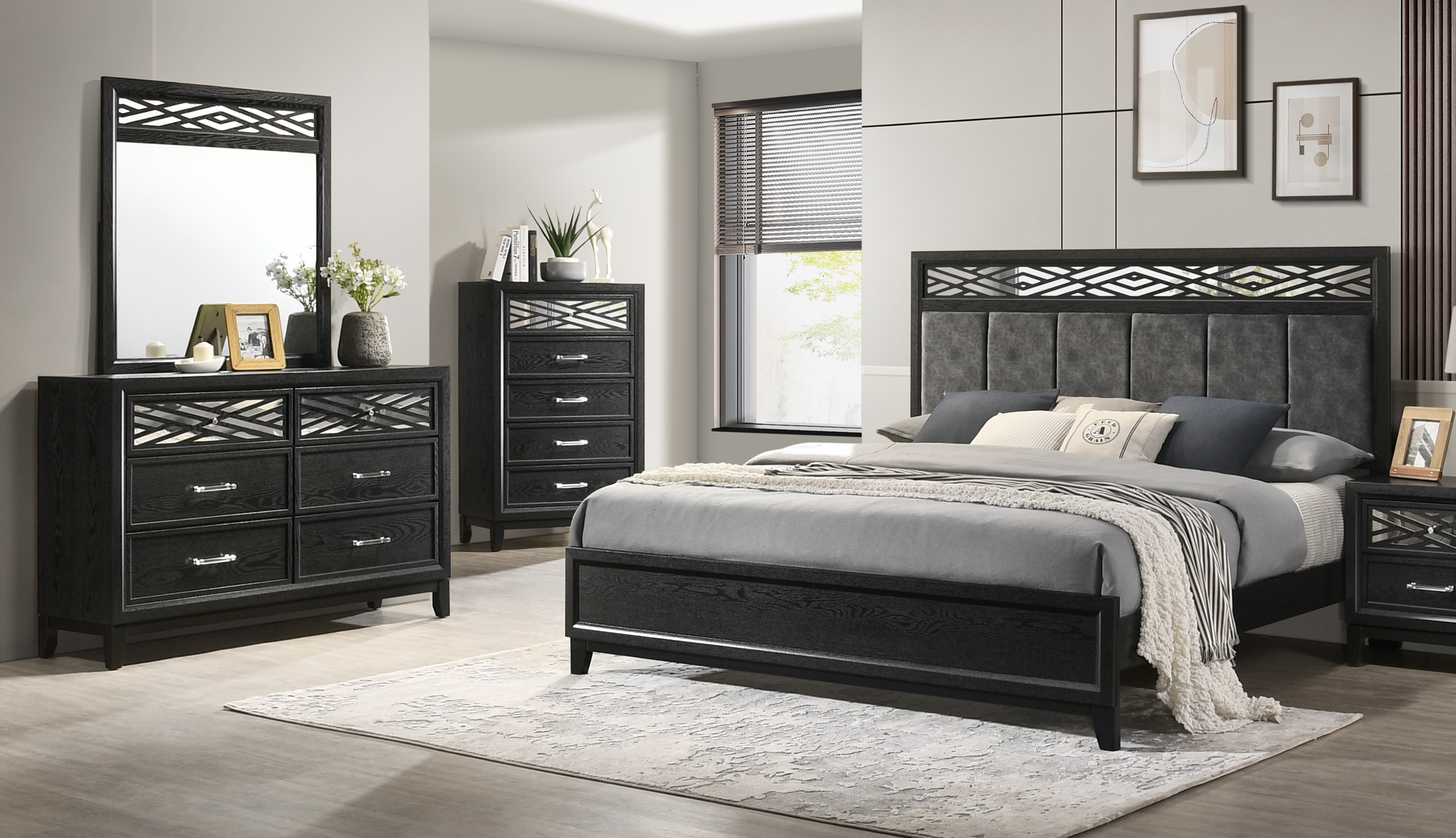 New Classic Furniture Obsidian Black 4pc Cal King Bedroom Set B-DR-MR-CH
