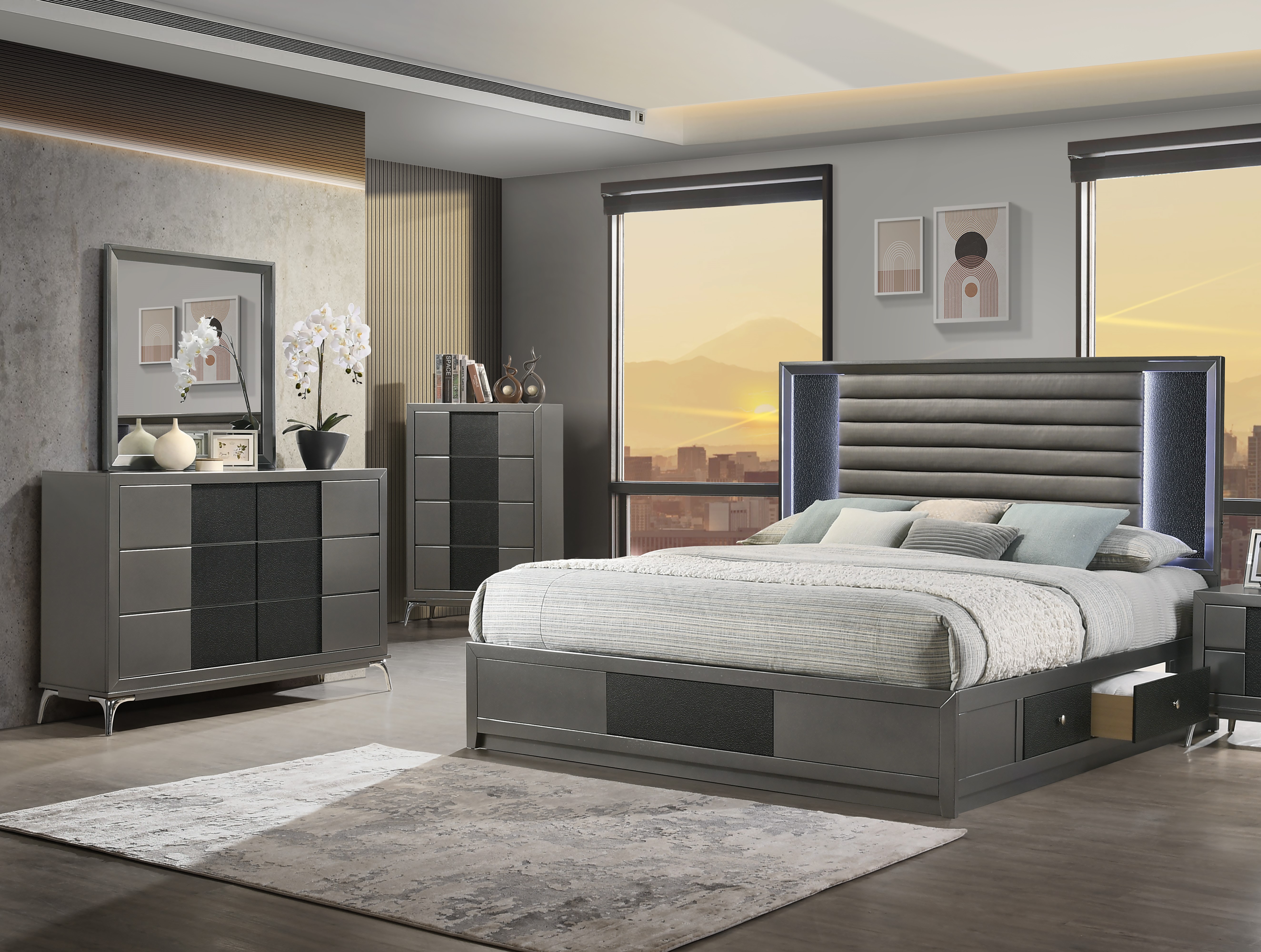 New Classic Furniture Nocturne Slate Gray 4pc King Bedroom Set B-DR-MR-CH