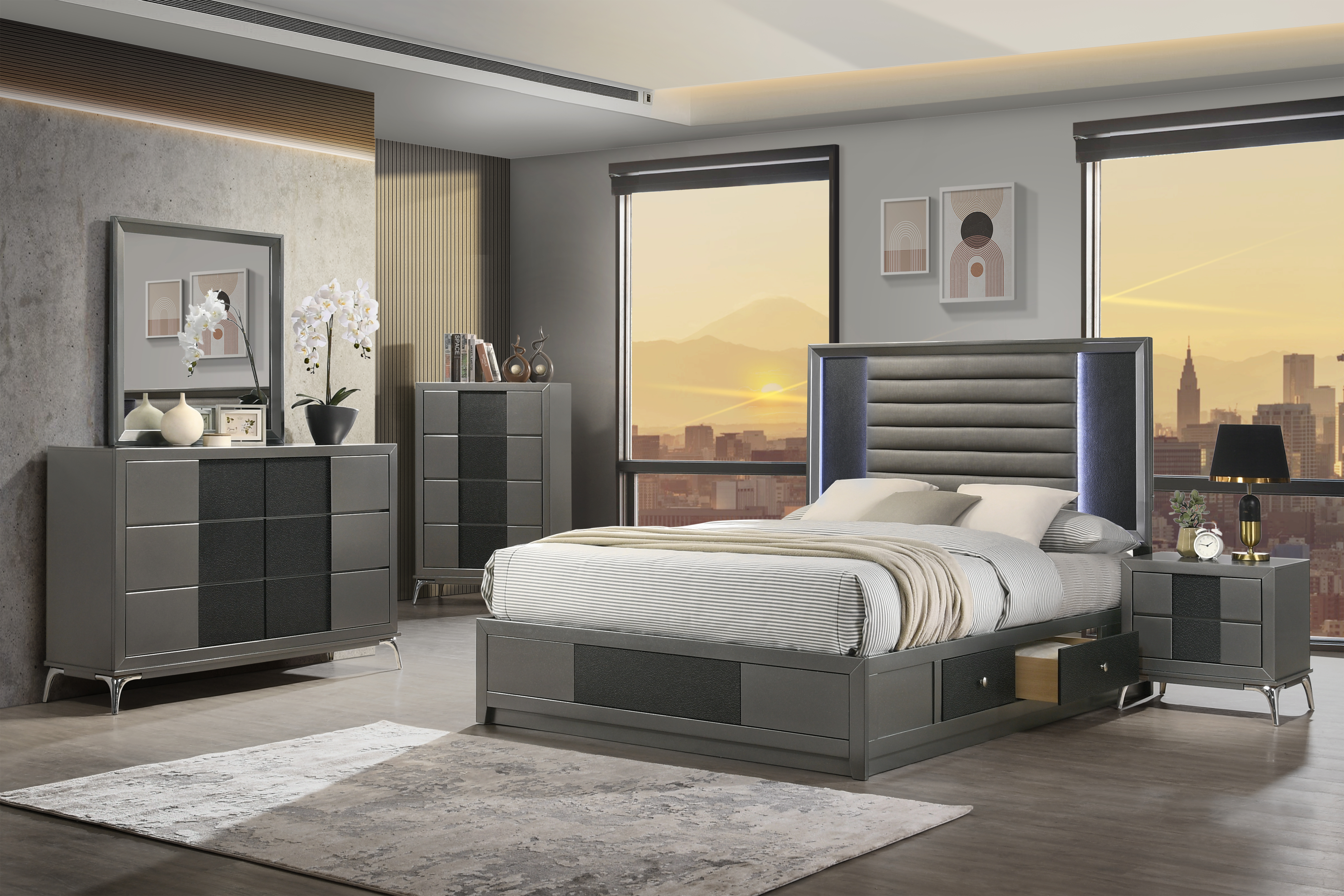 New Classic Furniture Nocturne Slate Gray 6pc Cal King Bedroom Set B-DR-MR-...