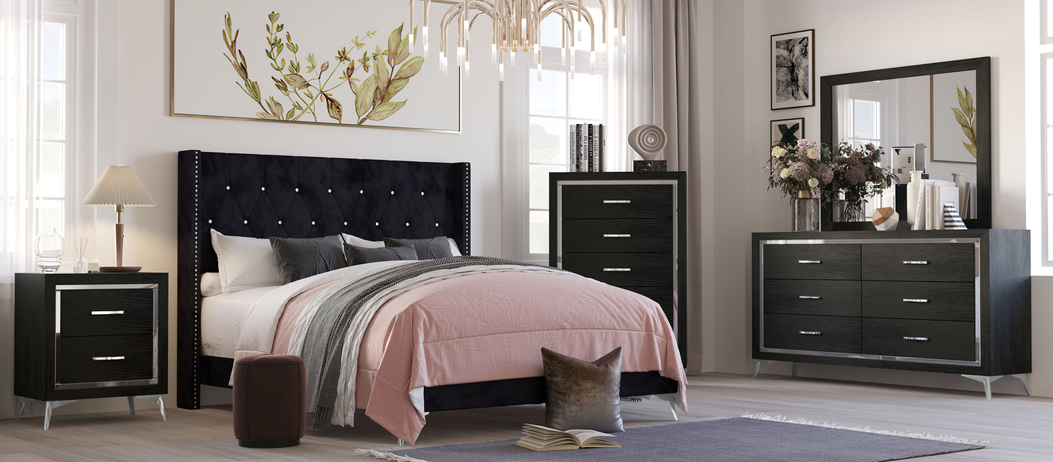 New Classic Furniture Huxley Black 6pc Queen Bedroom Set B-DR-MR-CH-2NS