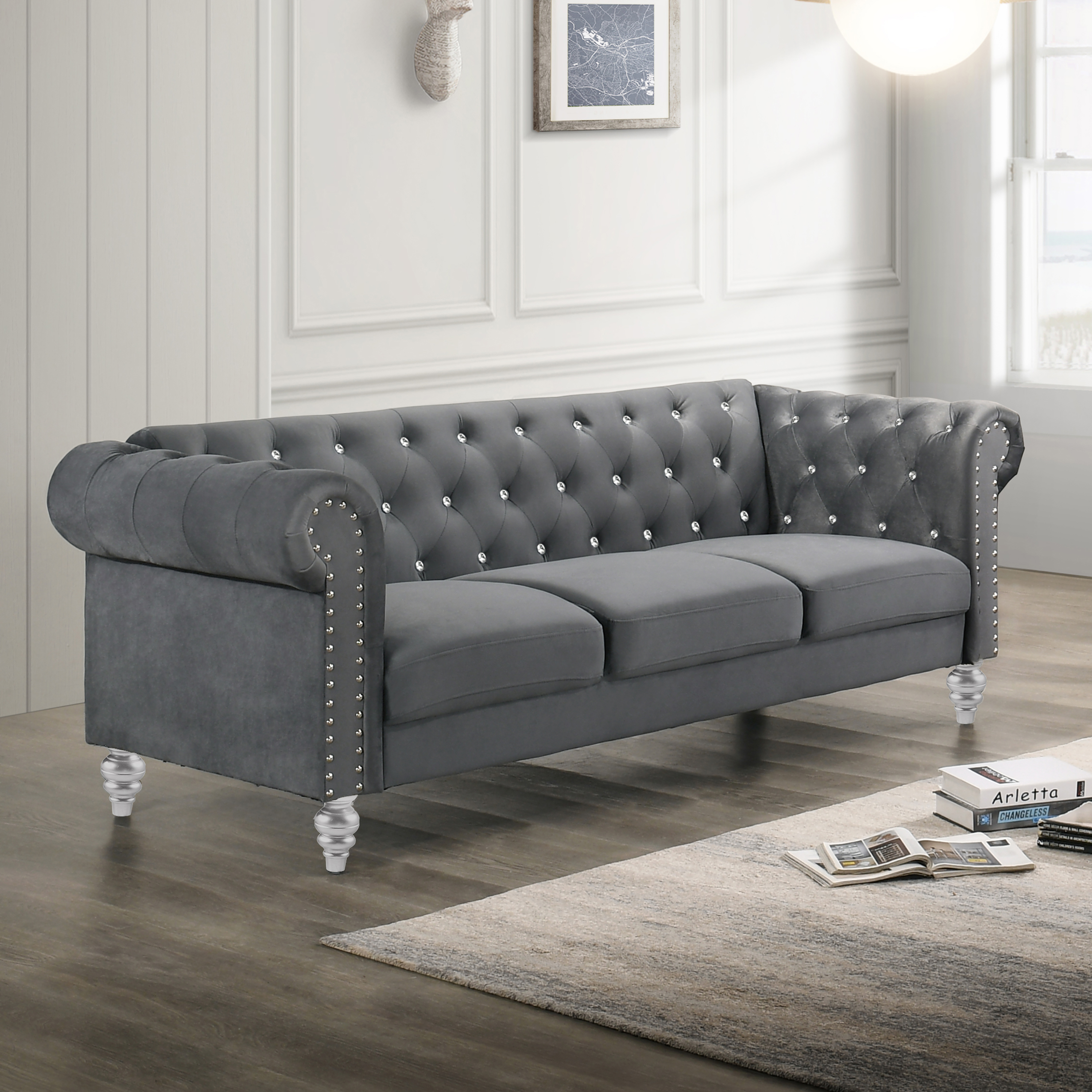 New Classic Furniture Emma Gray Crystal Sofa NCF-UKD13-30-GRYC