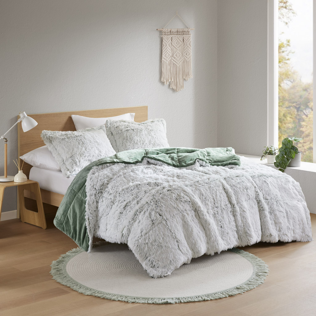 Olliix Malea Green White Full Queen Shaggy Faux Fur Comforter Mini Set