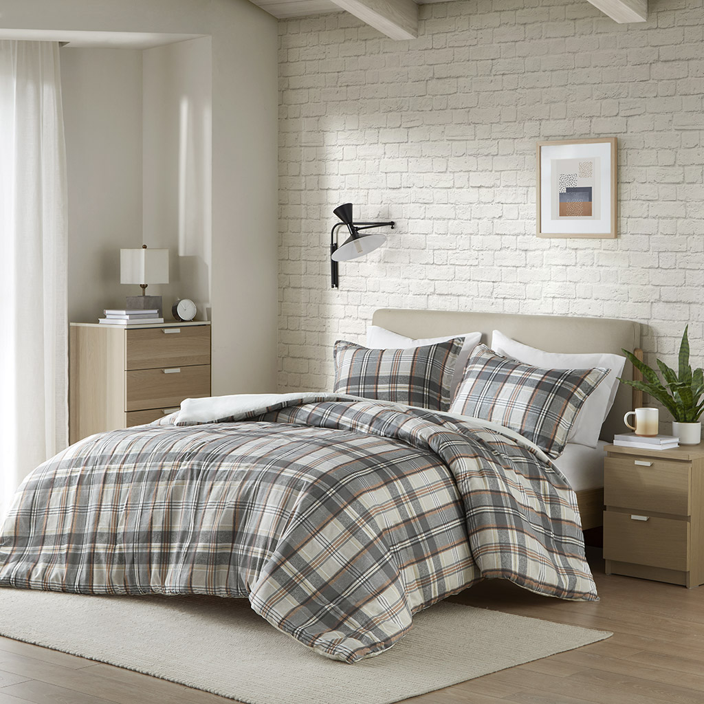 Olliix Intelligent Design Blake Tan Gray Twin Twin XL Plaid Duvet Cover Set