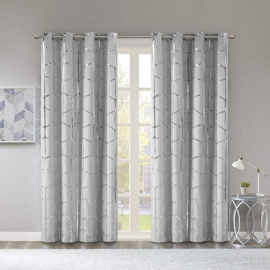 Olliix Intelligent Design Raina Grey Silver Blackout Grommet Top Curtain Pa...