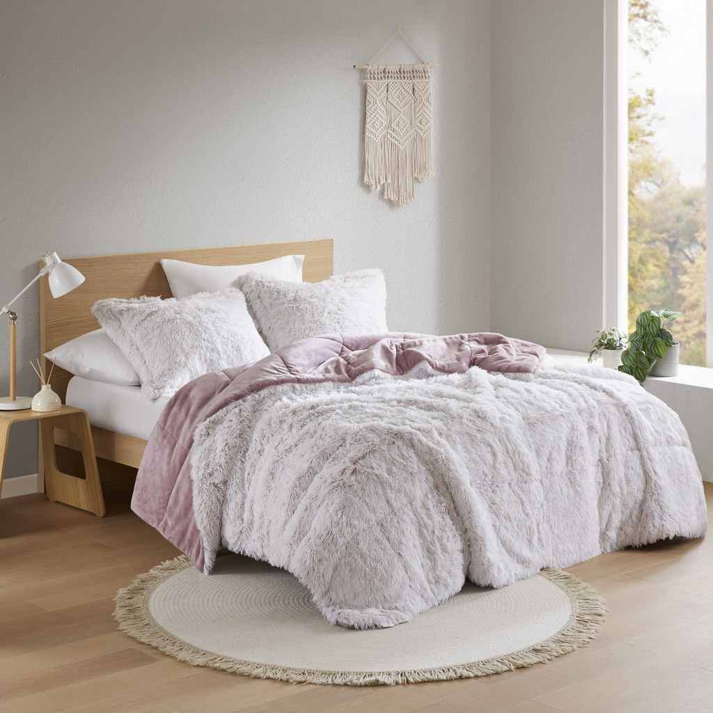 Olliix Malea Pink White Full Queen Shaggy Faux Fur Comforter Mini Set