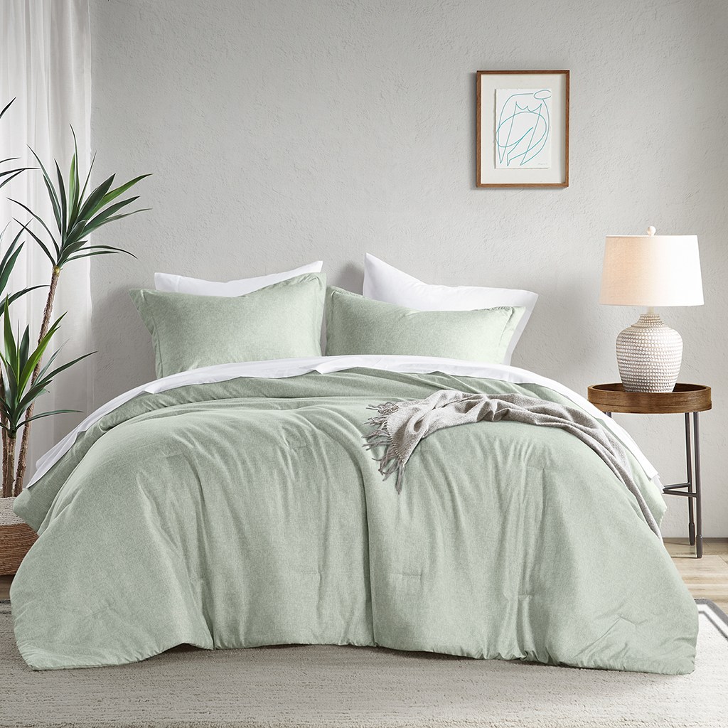 Olliix Camden Sage Green Chambray Print Solid 2pc Twin Twin XL Comforter Se...