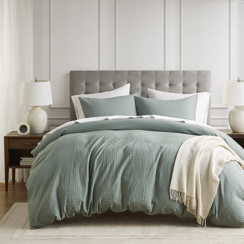 Olliix Mina Sage Green Waffle Weave Textured 2pc Twin Twin XL Duvet Cover S...
