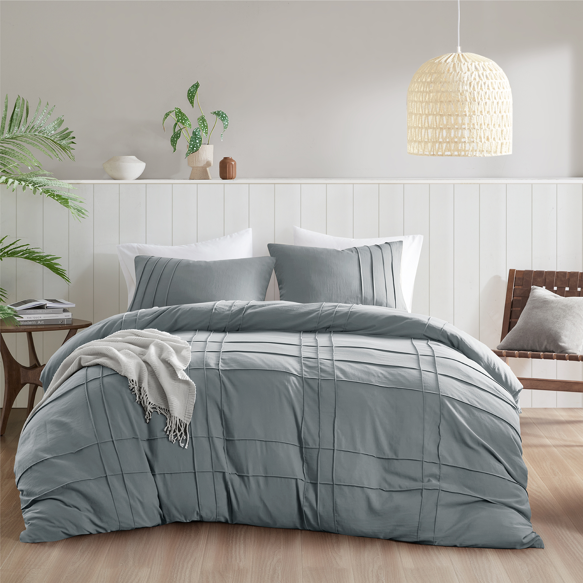 Olliix Porter Blue Grey Soft Washed Pleated 3pc Queen Duvet Cover Set