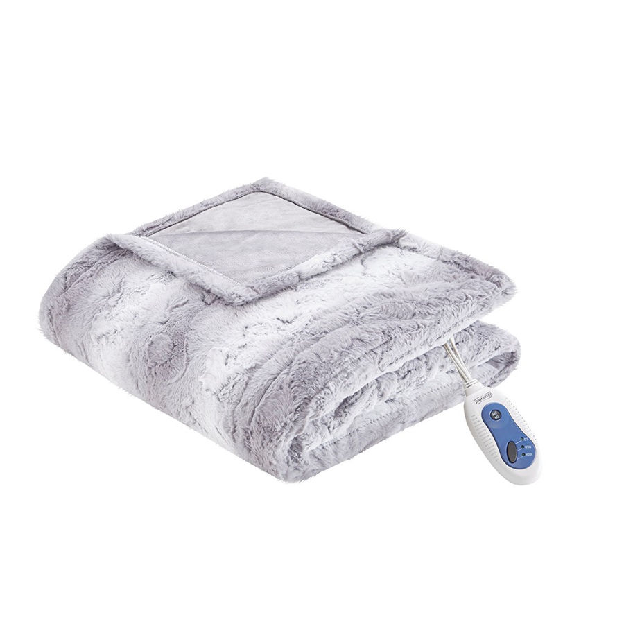 Olliix Beautyrest Zuri Grey Oversized Faux Fur Heated Throw