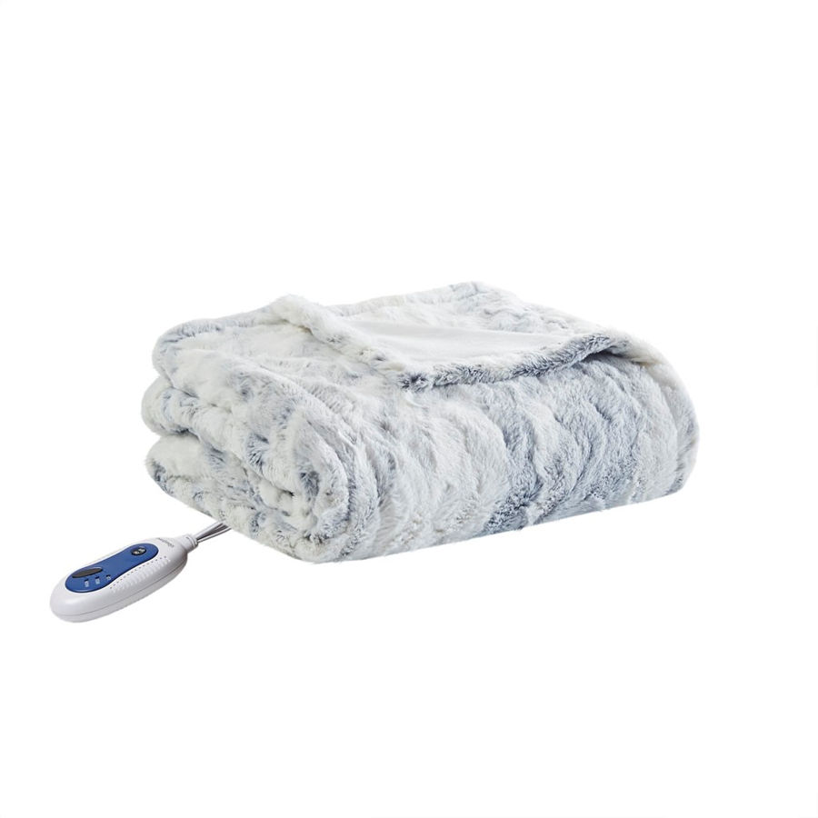 Olliix Beautyrest Zuri Grey Blue Oversized Faux Fur Heated Throw