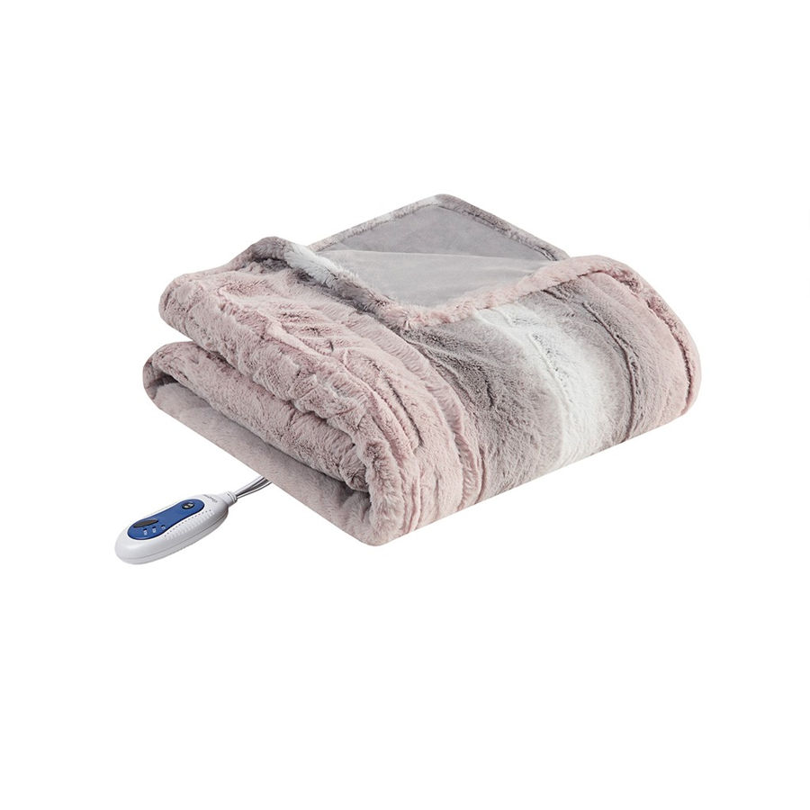 Olliix Beautyrest Zuri Blush Grey Oversized Faux Fur Heated Throw