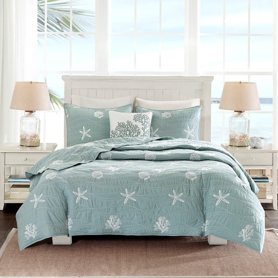 Olliix Harbor House Seaside Aqua King Cal King 4pc Cotton Reversible Embroi...