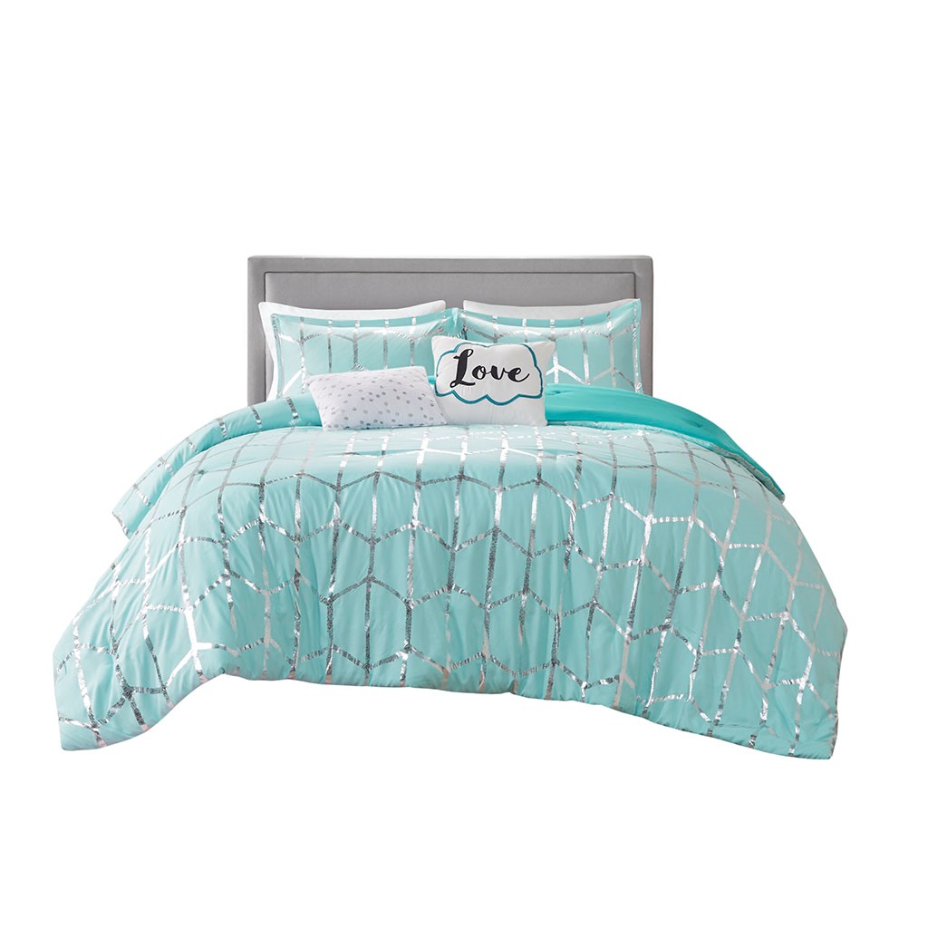 Olliix Intelligent Design Raina Aqua Silver King Cal King Metallic Printed ...