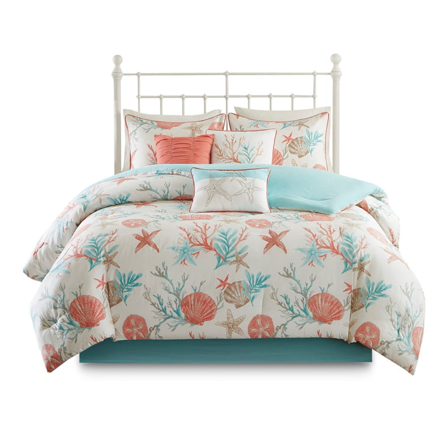Olliix Madison Park Pebble Beach Coral Queen 7pc Cotton Sateen Comforter Se...