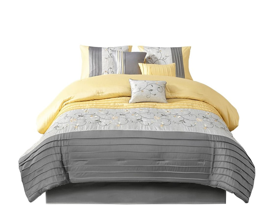 Olliix Madison Park Serene Yellow Queen Embroidered 7pc Comforter Set