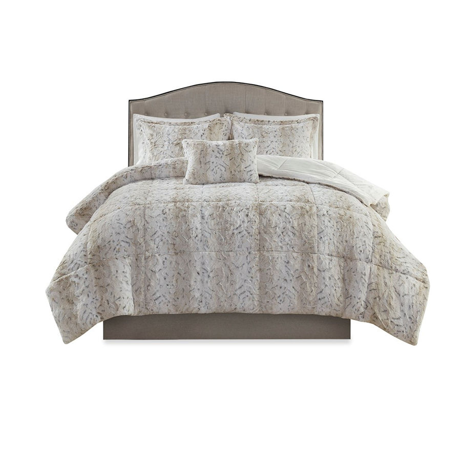 Olliix Madison Park Zuri Snow Leopard King 4pc Faux Fur Comforter Set