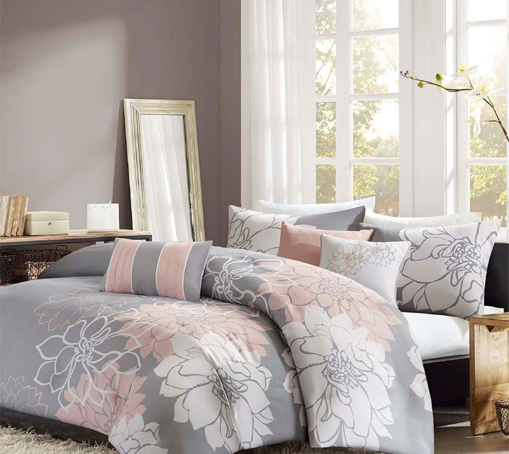 Olliix Madison Park Lola Grey Peach Full Queen 6pc Duvet Cover Set