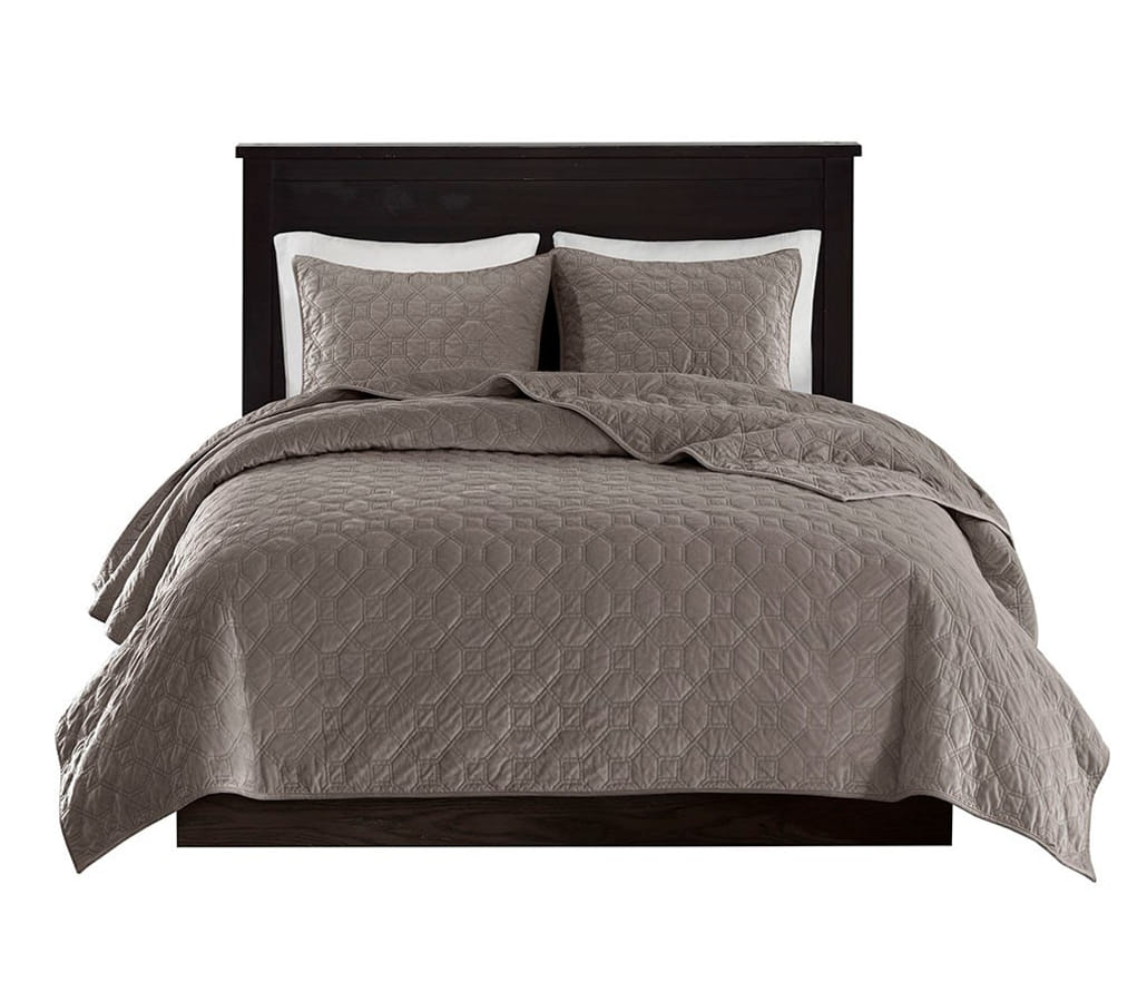 Olliix Madison Park Harper Taupe Full Queen 3pc Velvet Quilt Set