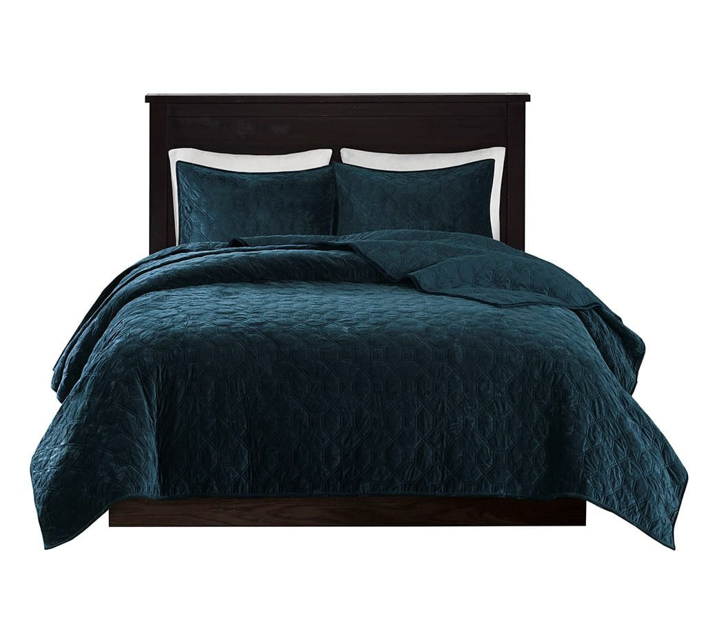 Olliix Madison Park Harper Teal Full Queen 3pc Velvet Quilt Set