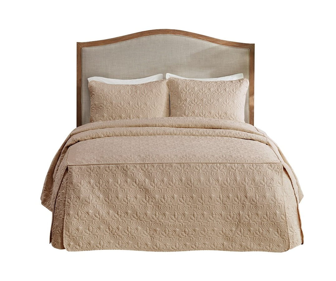 Olliix Madison Park Quebec Khaki King 3pc Split Corner Pleated Quilted Beds...
