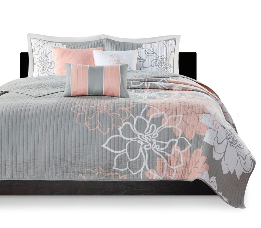 Olliix Madison Park Lola Grey Peach King Cal King 6pc Printed Cotton Quilt ...