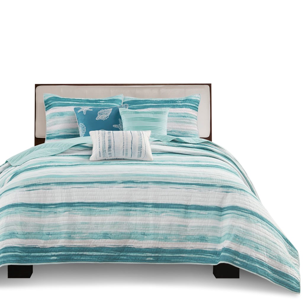 Olliix Madison Park Marina Aqua Full Queen 6pc Printed Quilt Set with Throw Pillows OLIX-MP13-7948