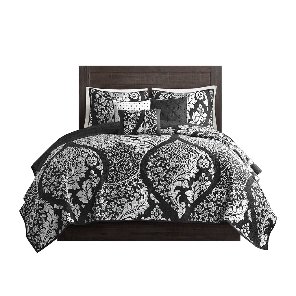 Olliix Madison Park Vienna Black King Cal King 6pc Printed Cotton Quilt Set