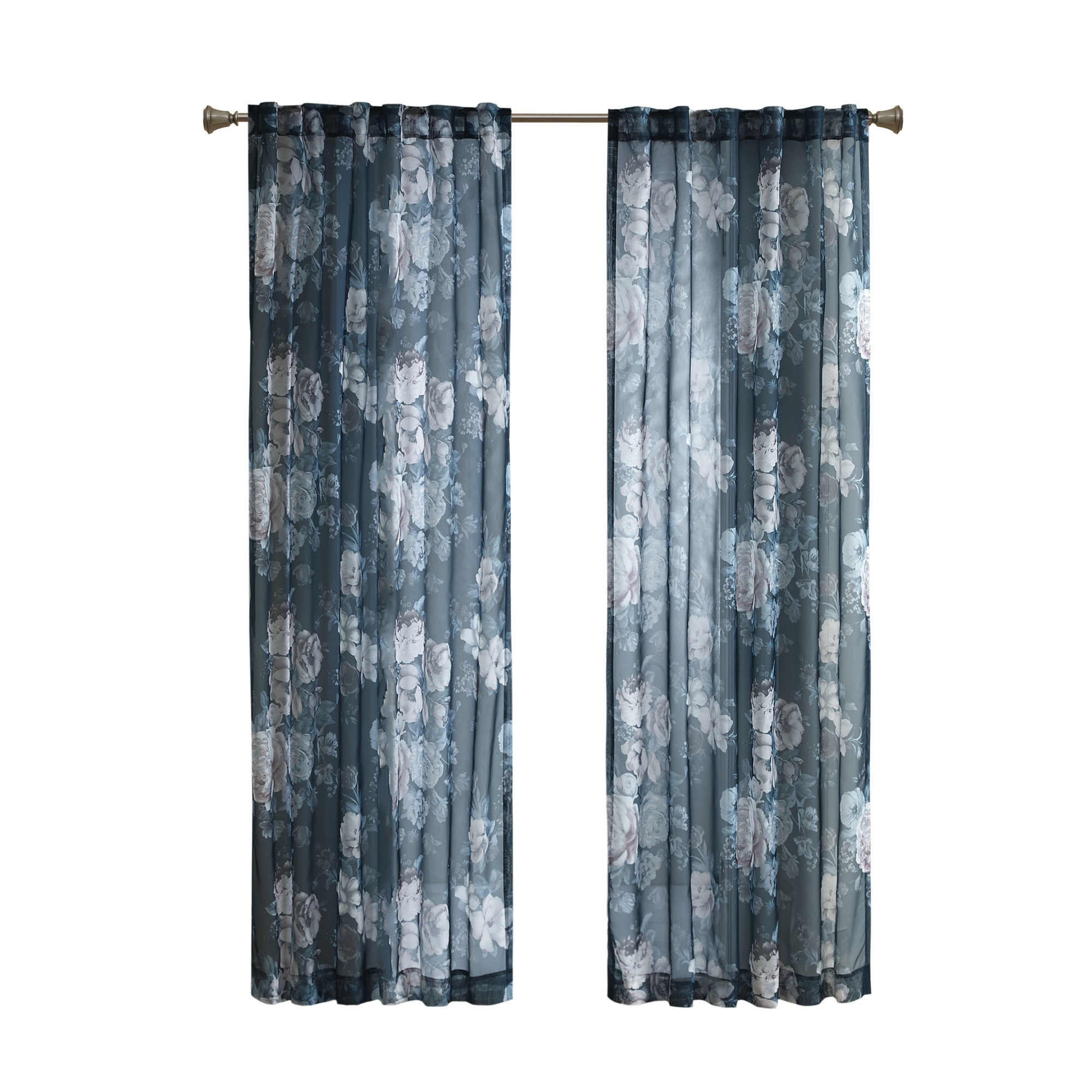 Olliix Madison Park Simone Navy Printed Floral Rod Pocket Curtain - 95 x 50