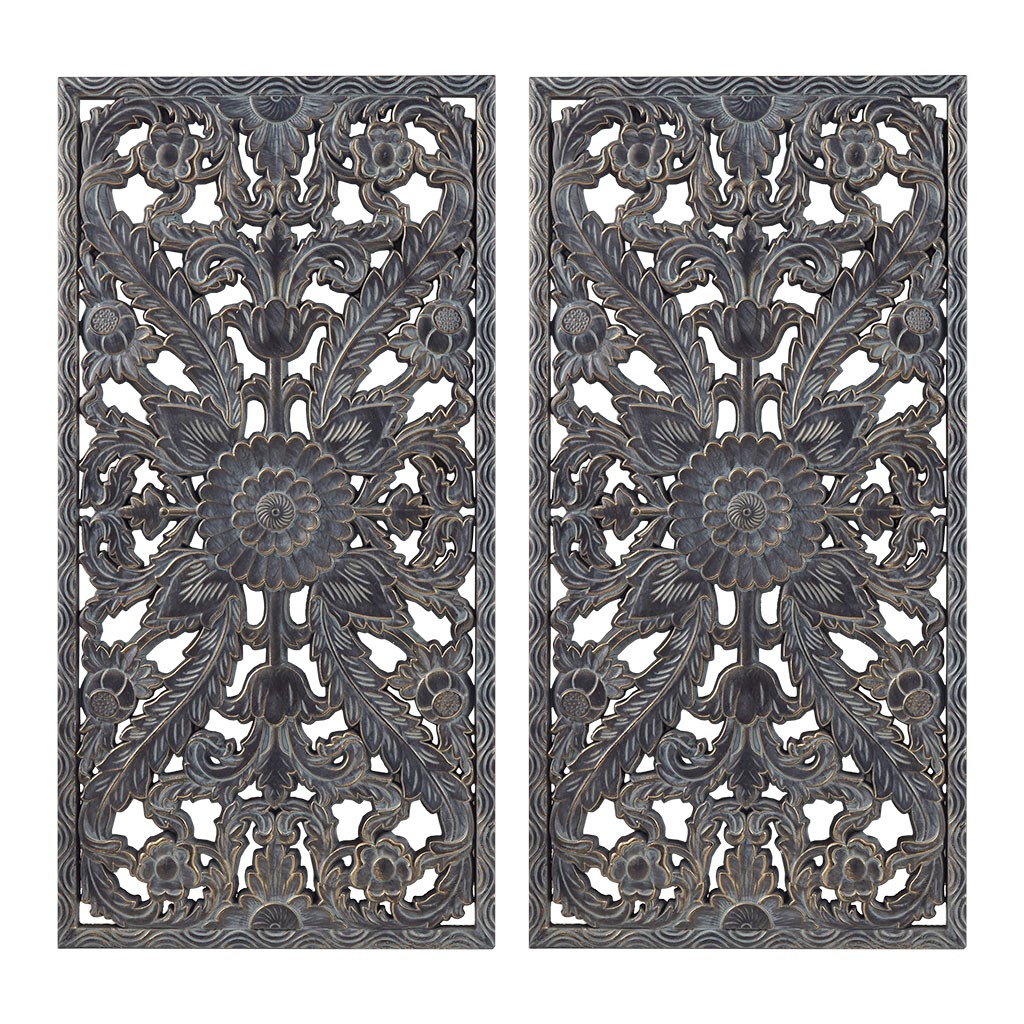 Olliix Madison Park Botanical Panel Antique Blue Carved Wood 2pc Wall Decor...