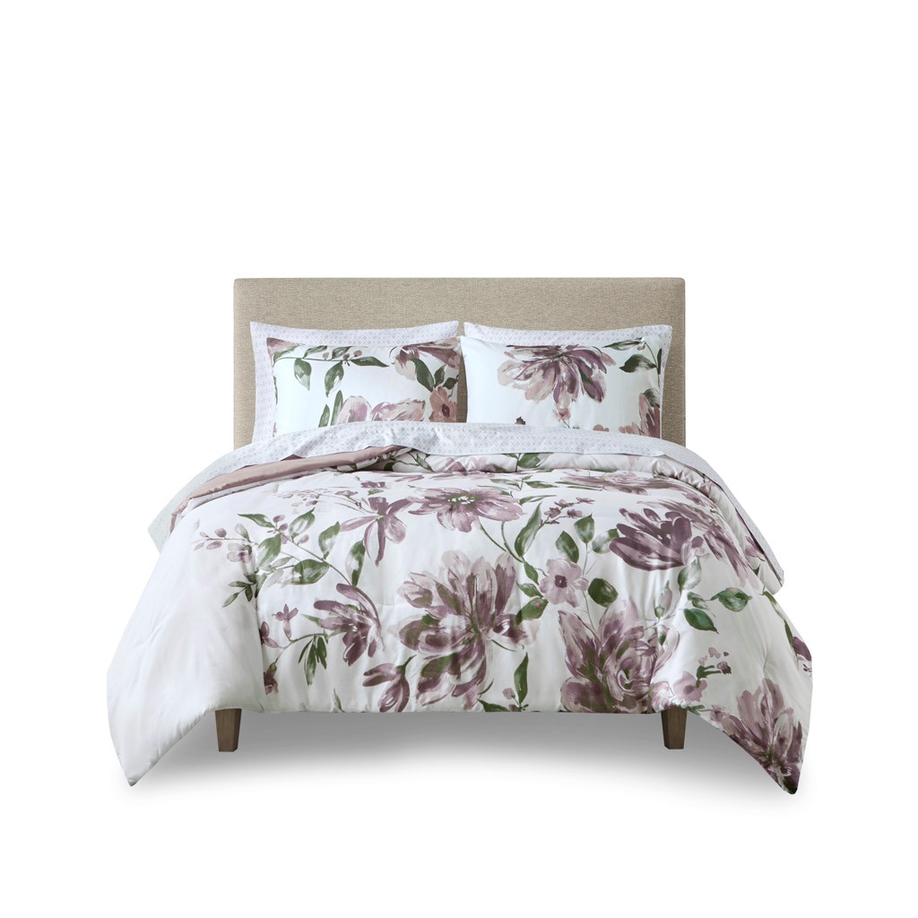 Olliix Madison Park Essentials Alice Mauve Twin Floral Comforter Set with B...