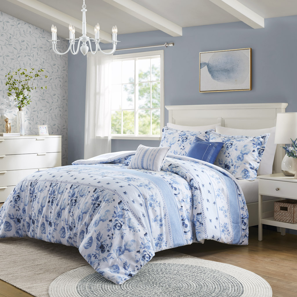 Olliix Intelligent Design Christa Blue Full Queen Floral Striped Comforter ...